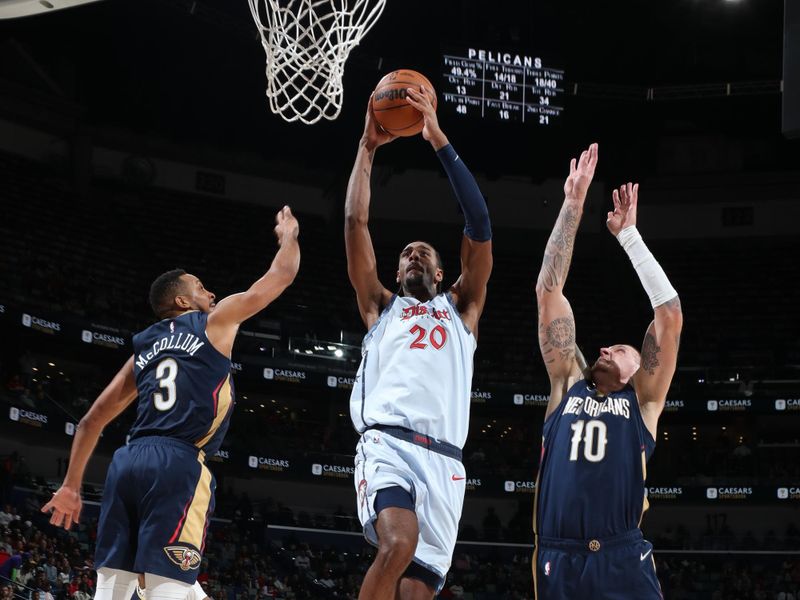 NEW ORLEANS, LA - JANUARY 3: Alexandre Sarr #20 of the Washington Wizards drives to the basket during the game against the New Orleans Pelicans on January 3, 2025 at the Smoothie King Center in New Orleans, Louisiana. NOTE TO USER: User expressly acknowledges and agrees that, by downloading and or using this Photograph, user is consenting to the terms and conditions of the Getty Images License Agreement. Mandatory Copyright Notice: Copyright 2025 NBAE (Photo by Layne Murdoch Jr./NBAE via Getty Images)