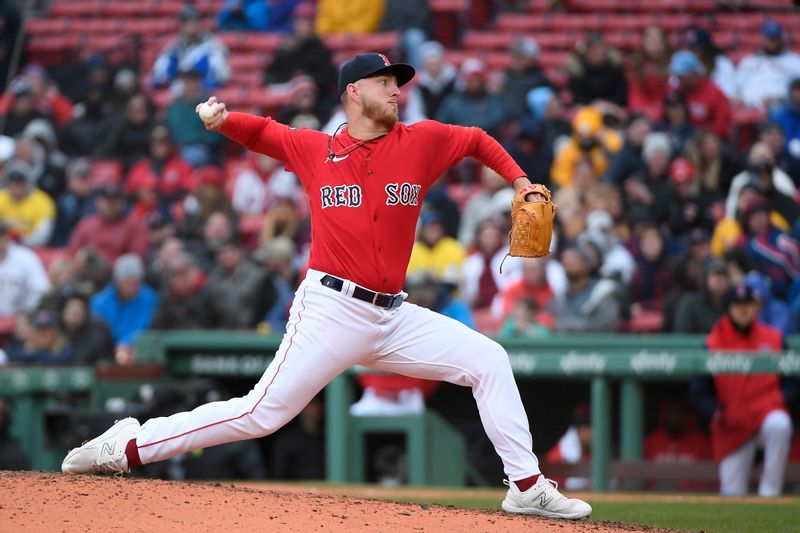 Apr 5, 2023; Boston, Massachusetts, USA; Boston Red Sox relief pitcher Zack Kelly (76) pitches in the ninth inning against the Pittsburgh Pirates at Fenway Park. Mandatory Credit: Eric Canha-USA TODAY Sports