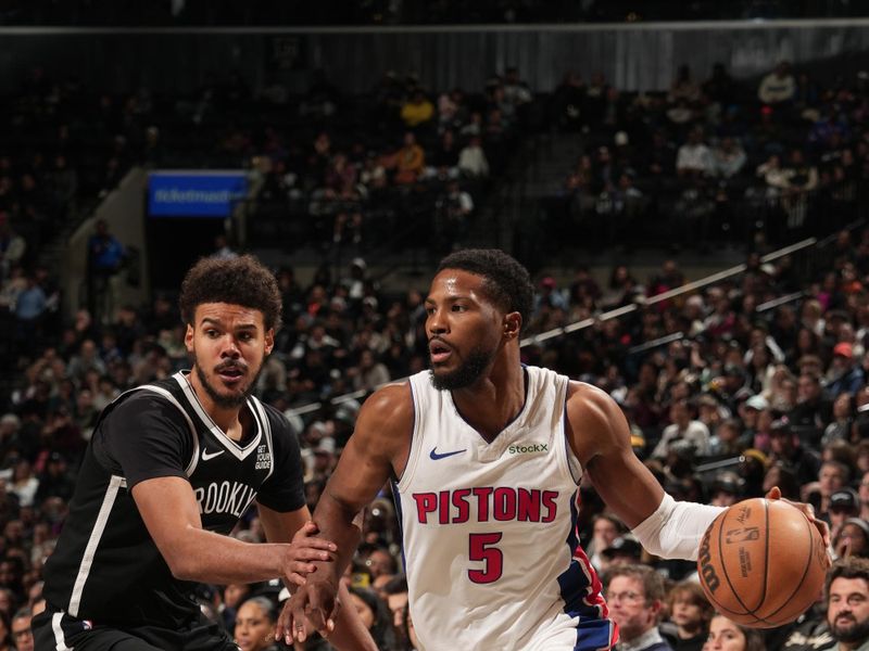 BROOKLYN, NY - NOVEMBER 3: Malik Beasley #5 of the Detroit Pistons drives to the basket during the game against the Brooklyn Nets on November 3, 2024 at Barclays Center in Brooklyn, New York. NOTE TO USER: User expressly acknowledges and agrees that, by downloading and or using this Photograph, user is consenting to the terms and conditions of the Getty Images License Agreement. Mandatory Copyright Notice: Copyright 2024 NBAE (Photo by Jesse D. Garrabrant/NBAE via Getty Images)