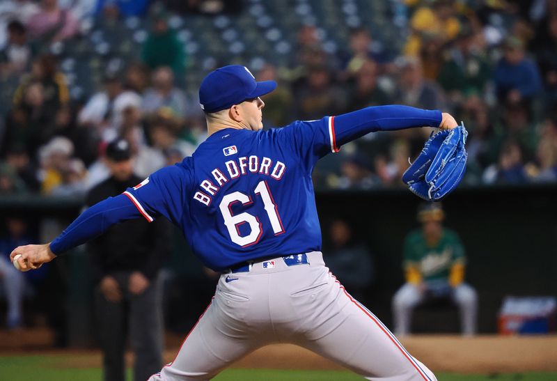 Sep 25, 2024; Oakland, California, USA; Texas Rangers starting pitcher Cody Bradford (61) pitches the ball against the Oakland Athletics during the first inning at Oakland-Alameda County Coliseum. Mandatory Credit: Kelley L Cox-Imagn Images