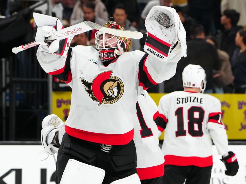 Nov 26, 2025; Las Vegas, Nevada, USA; Ottawa Senators goaltender Linus Ullmark (35) celebrates after the Senators defeated the Vegas Golden Knights 4-3 in a shoot out at T-Mobile Arena. Mandatory Credit: Stephen R. Sylvanie-Imagn Images