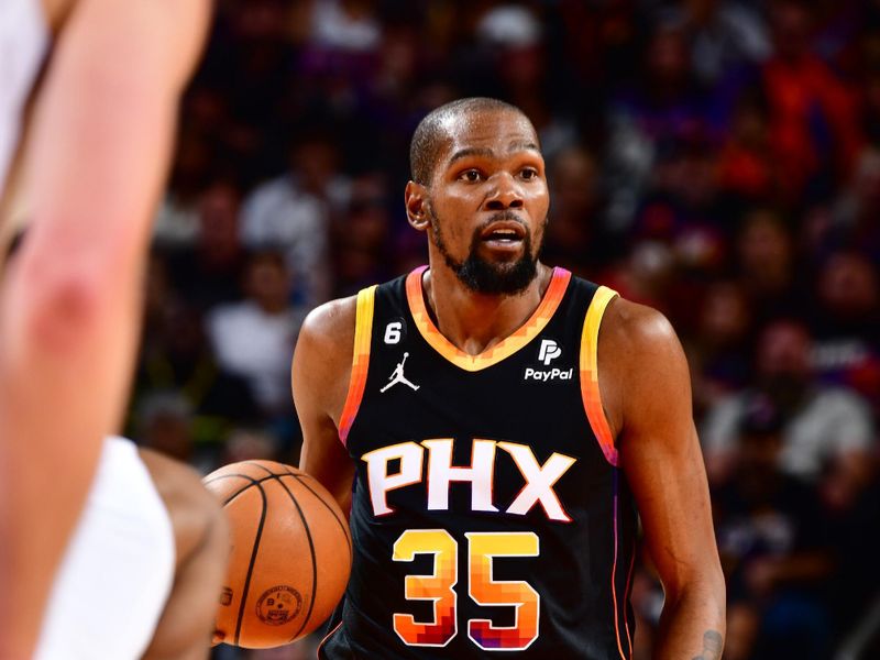 PHOENIX, AZ - APRIL 16:  Kevin Durant #35 of the Phoenix Suns goes to the basket during the game During round one game one of the 2023 NBA Playoffs on April 16, 2023 at Footprint Center in Phoenix, Arizona. NOTE TO USER: User expressly acknowledges and agrees that, by downloading and or using this photograph, user is consenting to the terms and conditions of the Getty Images License Agreement. Mandatory Copyright Notice: Copyright 2023 NBAE (Photo by Barry Gossage/NBAE via Getty Images)