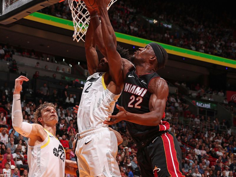 MIAMI, FL - MARCH 2: Jimmy Butler #22 of the Miami Heat fights for rebound during the game against the Utah Jazz on March 2, 2024 at Kaseya Center in Miami, Florida. NOTE TO USER: User expressly acknowledges and agrees that, by downloading and or using this Photograph, user is consenting to the terms and conditions of the Getty Images License Agreement. Mandatory Copyright Notice: Copyright 2024 NBAE (Photo by Issac Baldizon/NBAE via Getty Images)