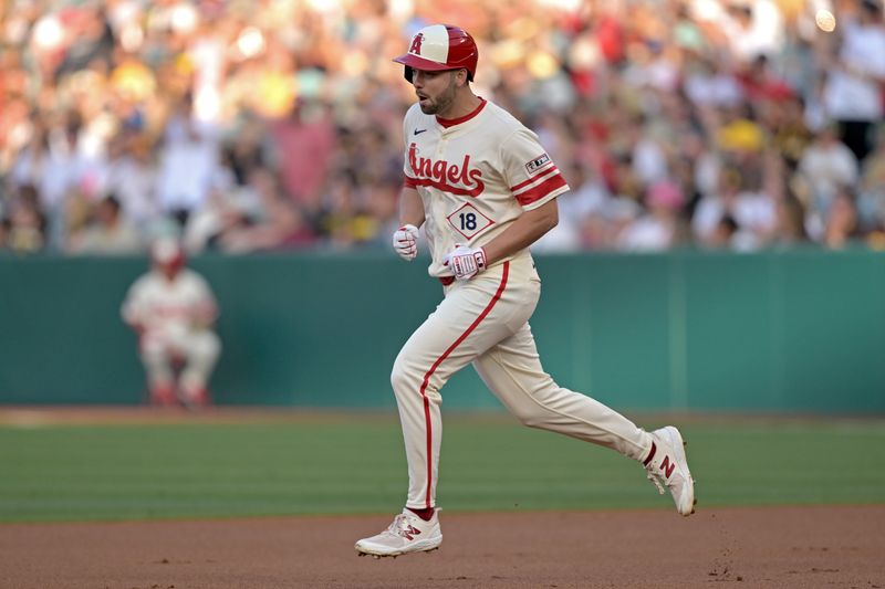 Jun 5, 2024; Anaheim, California, USA;  Los Angeles Angels first baseman Nolan Schanuel (18) rounds the bases after hitting a lead off solo home run in the first inning against the San Diego Padres at Angel Stadium. Mandatory Credit: Jayne Kamin-Oncea-USA TODAY Sports