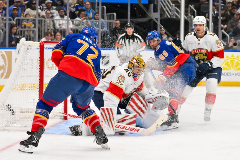 Jan 29, 2026; St. Louis, Missouri, USA; Florida Panthers goaltender Daniil Tarasov (40) defends the net against St. Louis Blues defenseman Justin Faulk (72) and left wing Pavel Buchnevich (89) during the second period at Enterprise Center. Mandatory Credit: Jeff Curry-Imagn Images