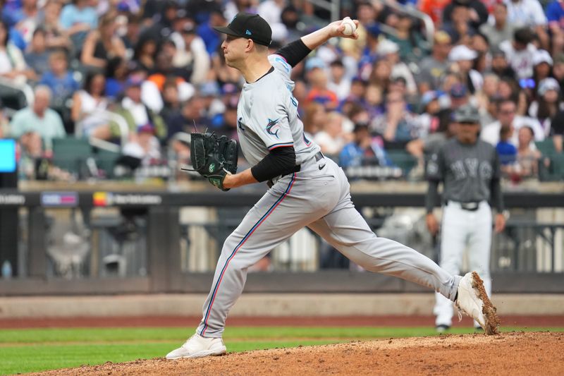 Aug 17, 2024; New York City, New York, USA; Miami Marlins pitcher Brett de Geus (78) delivers a pitch during the game against the New York Mets at Citi Field. Mandatory Credit: Lucas Boland-USA TODAY Sports