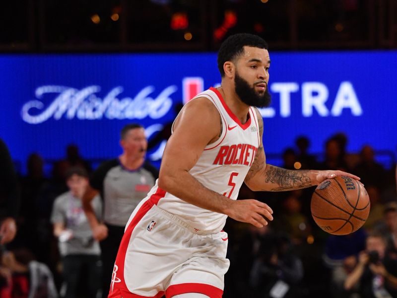 LAS VEGAS, NV - DECEMBER 14: Fred VanVleet #5 of the Houston Rockets dribbles the ball during the game against the Oklahoma City Thunder  during the Emirates NBA Cup Semifinal game on December 14, 2024 at T-Mobile Arena in Las Vegas, Nevada. NOTE TO USER: User expressly acknowledges and agrees that, by downloading and/or using this Photograph, user is consenting to the terms and conditions of the Getty Images License Agreement. Mandatory Copyright Notice: Copyright 2024 NBAE (Photo by Juan Ocampo/NBAE via Getty Images)