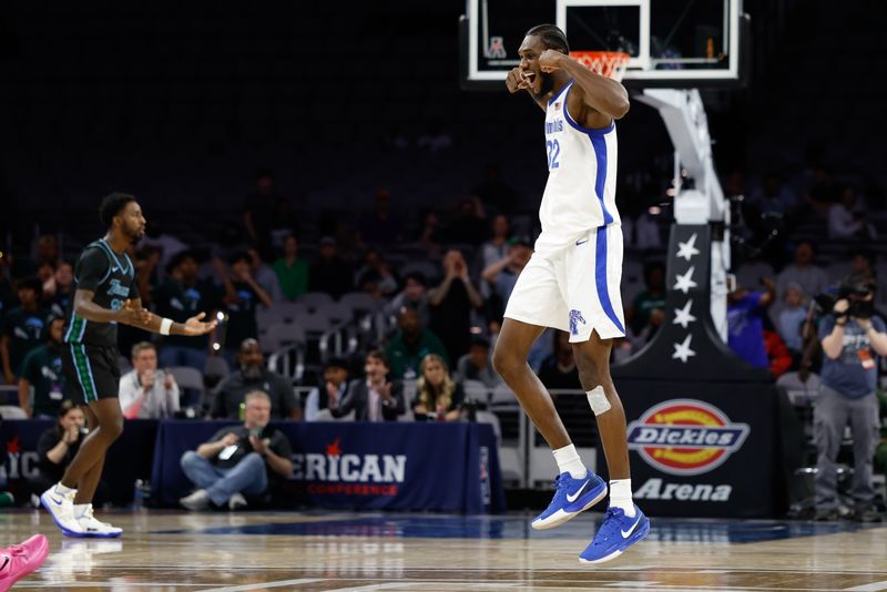 Mar 15, 2025; Fort Worth, TX, USA;  Memphis Tigers center Moussa Cisse (32) reacts against the Tulane Green Wave during the second half at Dickies Arena. Mandatory Credit: Chris Jones-Imagn Images