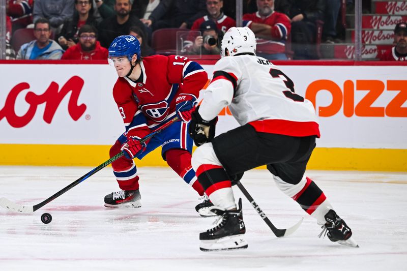 Oct 12, 2024; Montreal, Quebec, CAN; Montreal Canadiens right wing Cole Caufield (13) plays the puck against Ottawa Senators defenseman Nick Jensen (3) during the third period at Bell Centre. Mandatory Credit: David Kirouac-Imagn Images