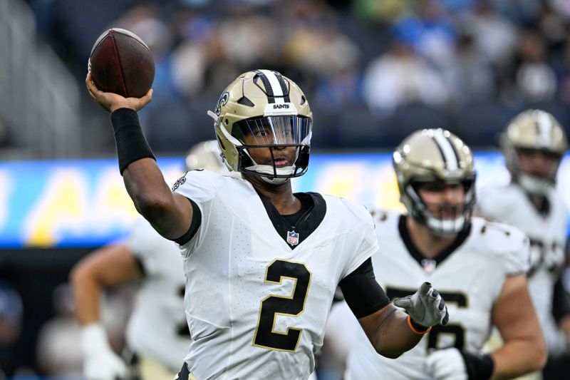 New Orleans Saints quarterback Jameis Winston (2) throws in the first half of an NFL football game against the Los Angeles Chargers in Inglewood, Calif., Sunday, Aug. 20, 2023. (AP Photo/Alex Gallardo)