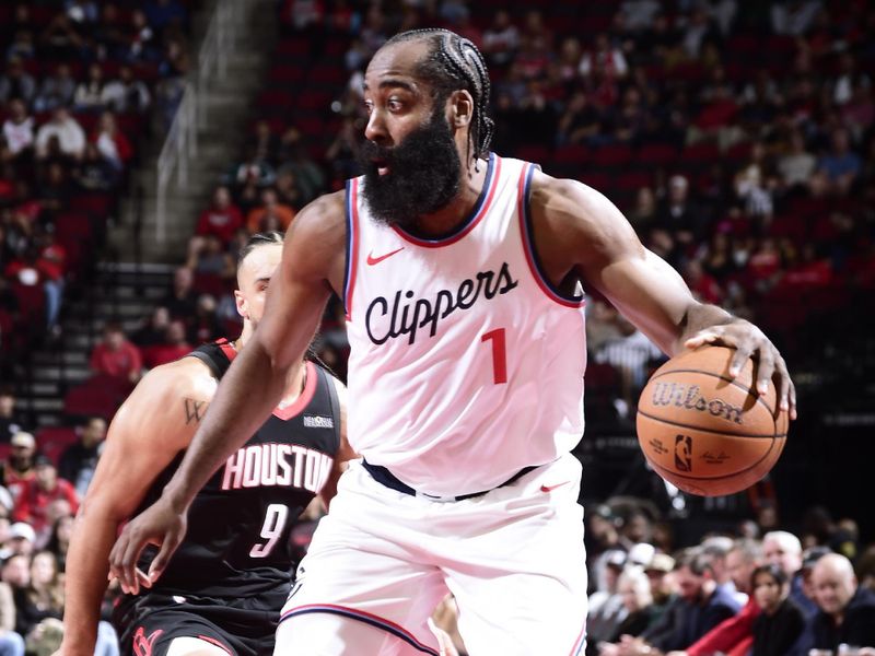 HOUSTON, TX - NOVEMBER 15: James Harden #1 of the LA Clippers dribbles the ball during the game against the Houston Rockets during the Emirates NBA Cup game on November 15, 2024 at the Toyota Center in Houston, Texas. NOTE TO USER: User expressly acknowledges and agrees that, by downloading and or using this photograph, User is consenting to the terms and conditions of the Getty Images License Agreement. Mandatory Copyright Notice: Copyright 2024 NBAE (Photo by Logan Riely/NBAE via Getty Images)