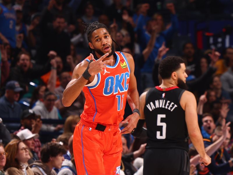 OKLAHOMA CITY, OK - MARCH 27:  Isaiah Joe #11 of the Oklahoma City Thunder reacts during the game against the Houston Rockets on March 27, 2024 at Paycom Arena in Oklahoma City, Oklahoma. NOTE TO USER: User expressly acknowledges and agrees that, by downloading and or using this photograph, User is consenting to the terms and conditions of the Getty Images License Agreement. Mandatory Copyright Notice: Copyright 2024 NBAE (Photo by Zach Beeker/NBAE via Getty Images)