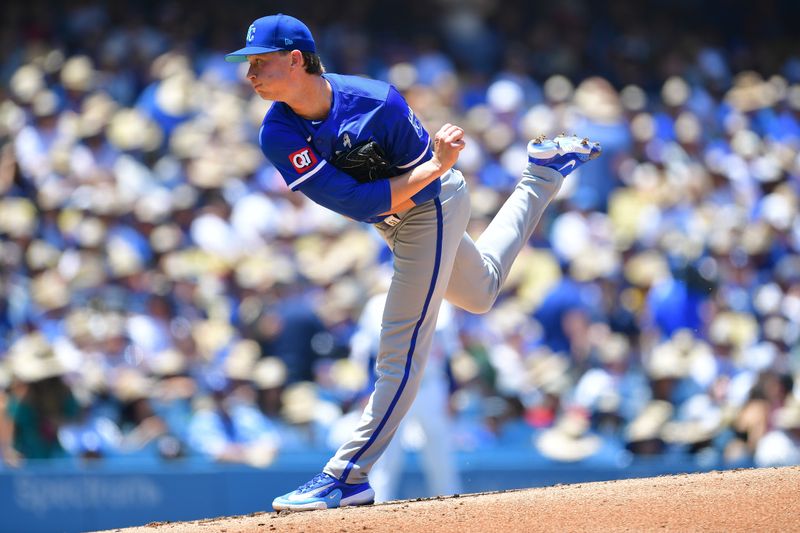 Jun 16, 2024; Los Angeles, California, USA; Kansas City Royals pitcher Brady Singer (51) throws against the Los Angeles Dodgers during the second inning at Dodger Stadium. Mandatory Credit: Gary A. Vasquez-USA TODAY Sports