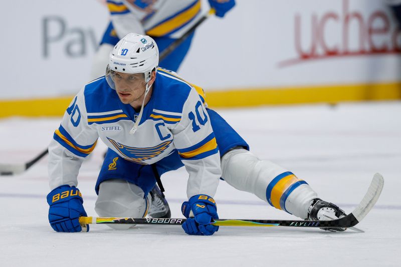 Dec 31, 2025; Denver, Colorado, USA; St. Louis Blues center Brayden Schenn (10) before the game against the Colorado Avalanche at Ball Arena. Mandatory Credit: Isaiah J. Downing-Imagn Images