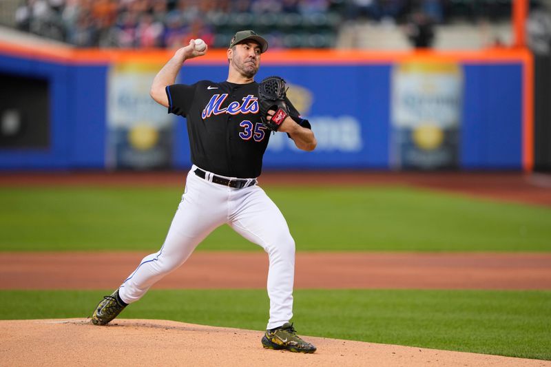 May 21, 2023; New York City, New York, USA; New York Mets pitcher Justin Verlander (35) delivers a pitch against the Cleveland Guardians during the first inning at Citi Field. Mandatory Credit: Gregory Fisher-USA TODAY Sports