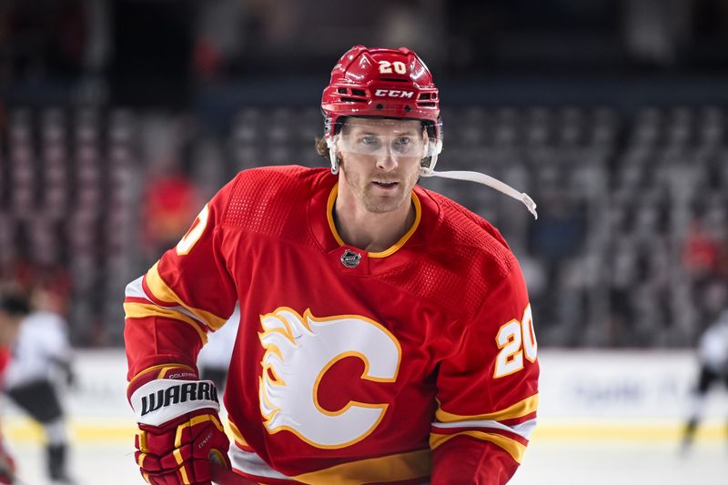 Jan 16, 2024; Calgary, Alberta, CAN;  Calgary Flames center Blake Coleman (20) warms up prior to a game against the Arizona Coyotes at Scotiabank Saddledome. Mandatory Credit: Brett Holmes-USA TODAY Sports