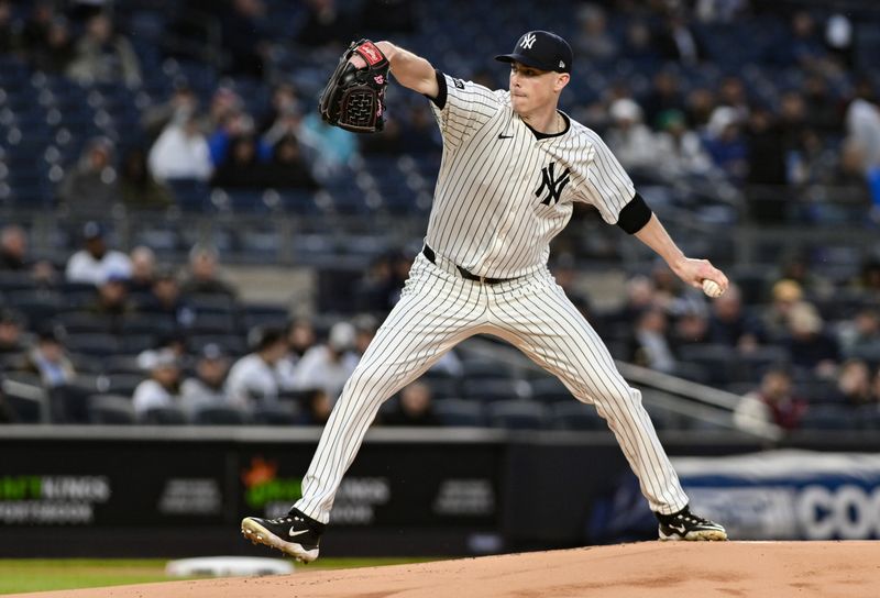 May 21, 2025; Bronx, New York, USA; New York Yankees pitcher Ryan Yarbrough (33) pitches against the Texas Rangers during the first inning at Yankee Stadium. Mandatory Credit: John Jones-Imagn Images
