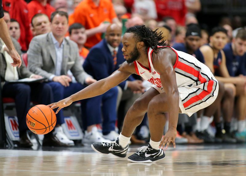 Feb 26, 2023; Columbus, Ohio, USA;  Ohio State Buckeyes guard Bruce Thornton (2) saves the ball during the second half against the Illinois Fighting Illini at Value City Arena. Mandatory Credit: Joseph Maiorana-USA TODAY Sports