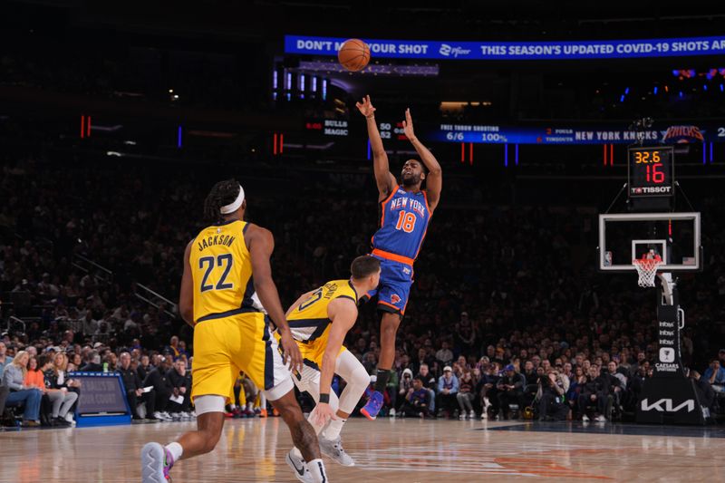 NEW YORK, NY - FEBRUARY 10: Alec Burks #18 of the New York Knicks shoots the ball during the game against the Indiana Pacers on February 10, 2024 at Madison Square Garden in New York City, New York.  NOTE TO USER: User expressly acknowledges and agrees that, by downloading and or using this photograph, User is consenting to the terms and conditions of the Getty Images License Agreement. Mandatory Copyright Notice: Copyright 2024 NBAE  (Photo by Jesse D. Garrabrant/NBAE via Getty Images)