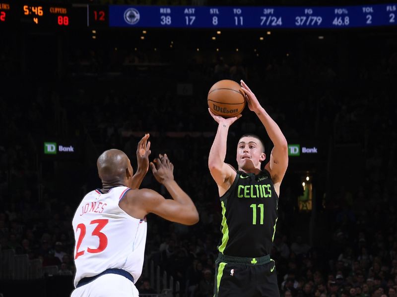 BOSTON, MA - NOVEMBER 25: Payton Pritchard #11 of the Boston Celtics shoots the ball during the game against the LA Clippers on November 25, 2024 at TD Garden in Boston, Massachusetts. NOTE TO USER: User expressly acknowledges and agrees that, by downloading and/or using this Photograph, user is consenting to the terms and conditions of the Getty Images License Agreement. Mandatory Copyright Notice: Copyright 2024 NBAE (Photo by Brian Babineau/NBAE via Getty Images)