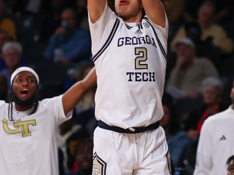 Jan 23, 2024; Atlanta, Georgia, USA; Georgia Tech Yellow Jackets guard Naithan George (2) shoots against the Pittsburgh Panthers in the second half at McCamish Pavilion. Mandatory Credit: Brett Davis-USA TODAY Sports