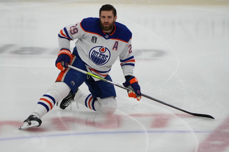 Jun 24, 2024; Sunrise, Florida, USA; Edmonton Oilers forward Leon Draisaitl (29) warms up prior to the game against the Florida Panthers in game seven of the 2024 Stanley Cup Final at Amerant Bank Arena. Mandatory Credit: Jim Rassol-USA TODAY Sports