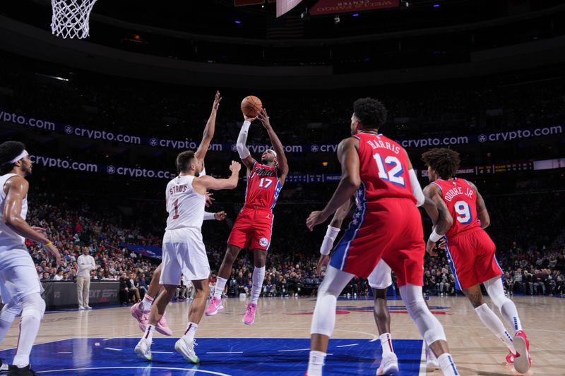 PHILADELPHIA, PA - FEBRUARY 23: Buddy Hield #17 of the Philadelphia 76ers shoots the ball during the game against the Cleveland Cavaliers on February 23, 2024 at the Wells Fargo Center in Philadelphia, Pennsylvania NOTE TO USER: User expressly acknowledges and agrees that, by downloading and/or using this Photograph, user is consenting to the terms and conditions of the Getty Images License Agreement. Mandatory Copyright Notice: Copyright 2024 NBAE (Photo by Jesse D. Garrabrant/NBAE via Getty Images)