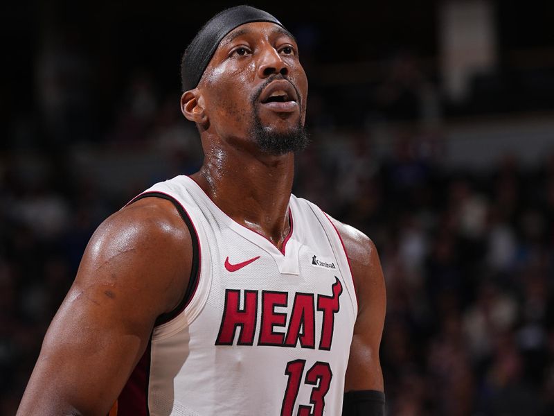 DENVER, CO - FEBRUARY 29: Bam Adebayo #13 of the Miami Heat prepares to shoot a free throw during the game against the Denver Nuggets on February 29, 2024 at the Ball Arena in Denver, Colorado. NOTE TO USER: User expressly acknowledges and agrees that, by downloading and/or using this Photograph, user is consenting to the terms and conditions of the Getty Images License Agreement. Mandatory Copyright Notice: Copyright 2024 NBAE (Photo by Bart Young/NBAE via Getty Images)