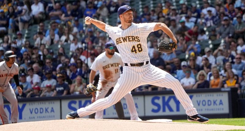 May 28, 2023; Milwaukee, Wisconsin, USA;  Milwaukee Brewers starting pitcher Colin Rea (48) throws during the first inning of the game against the Milwaukee Brewers at American Family Field. Mandatory Credit: Mark Hoffman/Milwaukee Journal Sentinel-USA TODAY Sports