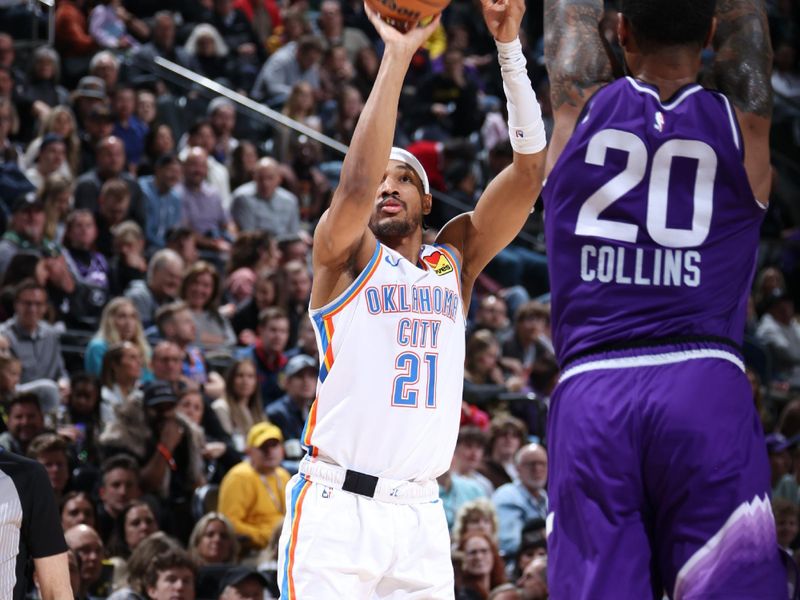 SALT LAKE CITY, UT - FEBRUARY 6: Aaron Wiggins #21 of the Oklahoma City Thunder shoots the ball during the game against the Utah Jazz on February 6, 2024 at Delta Center in Salt Lake City, Utah. NOTE TO USER: User expressly acknowledges and agrees that, by downloading and or using this Photograph, User is consenting to the terms and conditions of the Getty Images License Agreement. Mandatory Copyright Notice: Copyright 2024 NBAE (Photo by Melissa Majchrzak/NBAE via Getty Images)