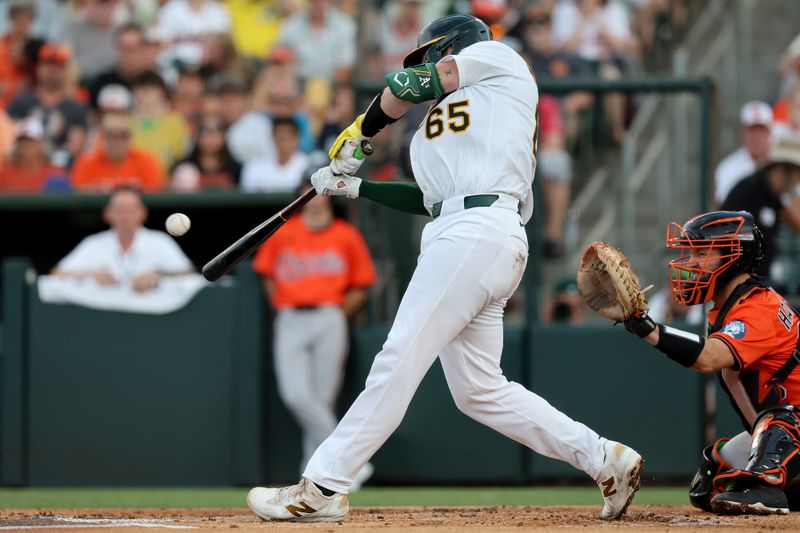 Jun 7, 2025; West Sacramento, California, USA; Athletics catcher Willie Maclver (65) hits a two-RBI single against the Baltimore Orioles during the first innign at Sutter Health Park. Mandatory Credit: Dennis Lee-Imagn Images