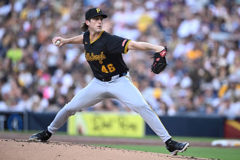 Aug 12, 2024; San Diego, California, USA; Pittsburgh Pirates starting pitcher Jake Woodford (46) pitches against the San Diego Padres during the first inning at Petco Park. Mandatory Credit: Orlando Ramirez-USA TODAY Sports