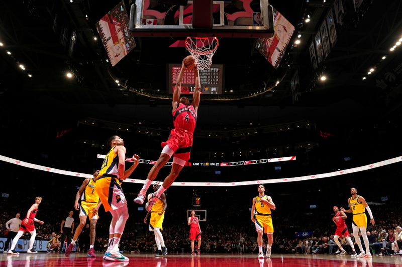 TORONTO, CANADA - FEBRUARY 14: Scottie Barnes #4 of the Toronto Raptors dunks the ball during the game against the Indiana Pacers on February 14, 2024 at the Scotiabank Arena in Toronto, Ontario, Canada.  NOTE TO USER: User expressly acknowledges and agrees that, by downloading and or using this Photograph, user is consenting to the terms and conditions of the Getty Images License Agreement.  Mandatory Copyright Notice: Copyright 2024 NBAE (Photo by Mark Blinch/NBAE via Getty Images)