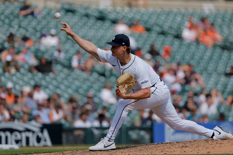 Aug 4, 2024; Detroit, Michigan, USA;  Detroit Tigers pitcher Shelby Miller (7) pitches the ball in overtime in the ninth inning against the Kansas City Royals at Comerica Park. Mandatory Credit: Rick Osentoski-USA TODAY Sports