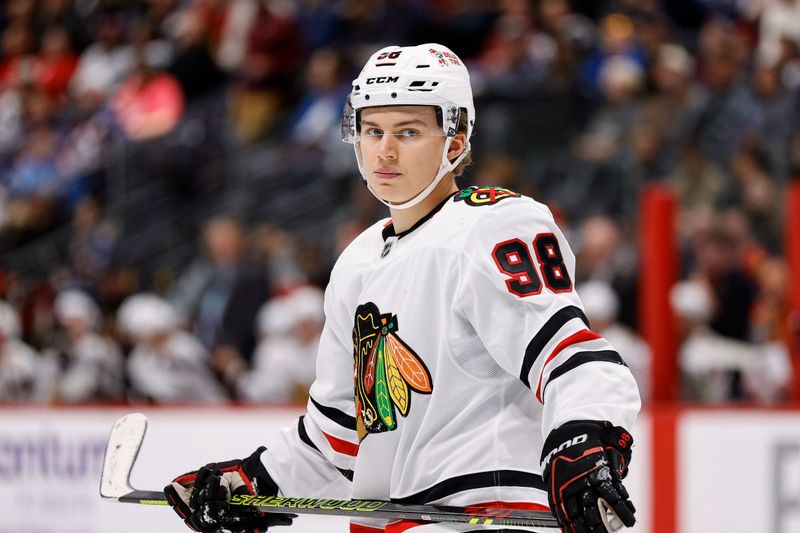 Oct 28, 2024; Denver, Colorado, USA; Chicago Blackhawks center Connor Bedard (98) in the third period against the Colorado Avalanche at Ball Arena. Mandatory Credit: Isaiah J. Downing-Imagn Images