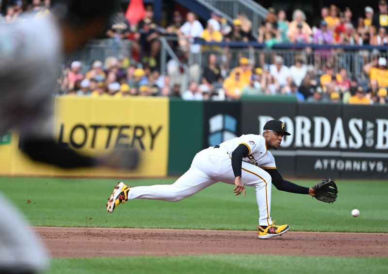 Aug 3, 2024; Pittsburgh, Pennsylvania, USA;  Pittsburgh Pirates third baseman Ke’Bryan Hayes (15) fields a grounder to retire Arizona Diamondbacks batter Josh Bell (36) during the second inning at PNC Park. Mandatory Credit: Philip G. Pavely-USA TODAY Sports