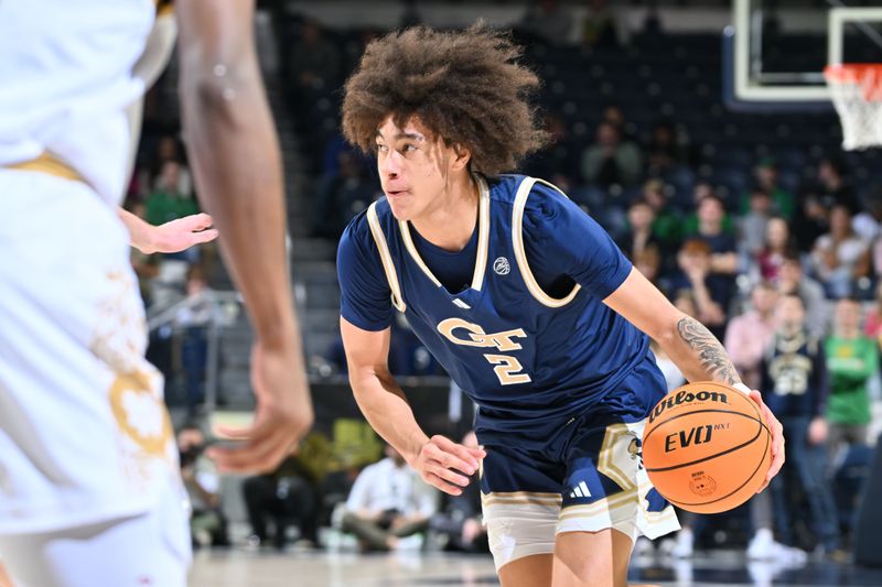 Feb 14, 2024; South Bend, Indiana, USA; Georgia Tech Yellow Jackets guard Naithan George (2) dribbles in the first half against the Notre Dame Fighting Irish at the Purcell Pavilion. Mandatory Credit: Matt Cashore-USA TODAY Sports