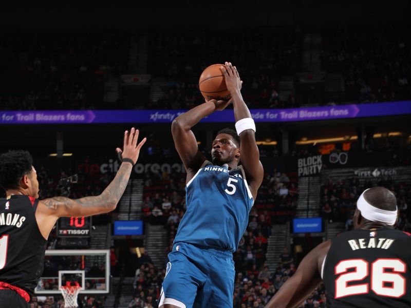 PORTLAND, OR - FEBRUARY 15: Anthony Edwards #5 of the Minnesota Timberwolves shoots the ball during the game against the Portland Trail Blazers on February 15, 2024 at the Moda Center Arena in Portland, Oregon. NOTE TO USER: User expressly acknowledges and agrees that, by downloading and or using this photograph, user is consenting to the terms and conditions of the Getty Images License Agreement. Mandatory Copyright Notice: Copyright 2024 NBAE (Photo by Cameron Browne/NBAE via Getty Images)