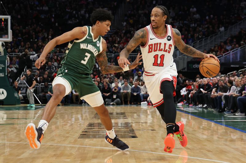 MILWAUKEE, WISCONSIN - DECEMBER 11: DeMar DeRozan #11 of the Chicago Bulls is defended by MarJon Beauchamp #3 of the Milwaukee Bucks during a game at Fiserv Forum on December 11, 2023 in Milwaukee, Wisconsin. NOTE TO USER: User expressly acknowledges and agrees that, by downloading and or using this photograph, User is consenting to the terms and conditions of the Getty Images License Agreement. (Photo by Stacy Revere/Getty Images)