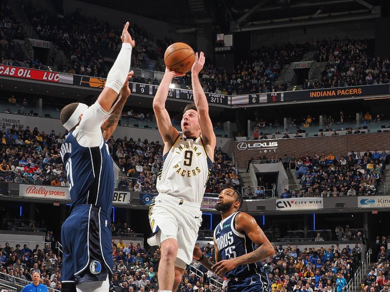 INDIANAPOLIS, IN - FEBRUARY 25: T.J. McConnell #9 of the Indiana Pacers shoots the ball during the game against the Dallas Mavericks on February 25, 2024 at Gainbridge Fieldhouse in Indianapolis, Indiana. NOTE TO USER: User expressly acknowledges and agrees that, by downloading and or using this Photograph, user is consenting to the terms and conditions of the Getty Images License Agreement. Mandatory Copyright Notice: Copyright 2024 NBAE (Photo by Ron Hoskins/NBAE via Getty Images)