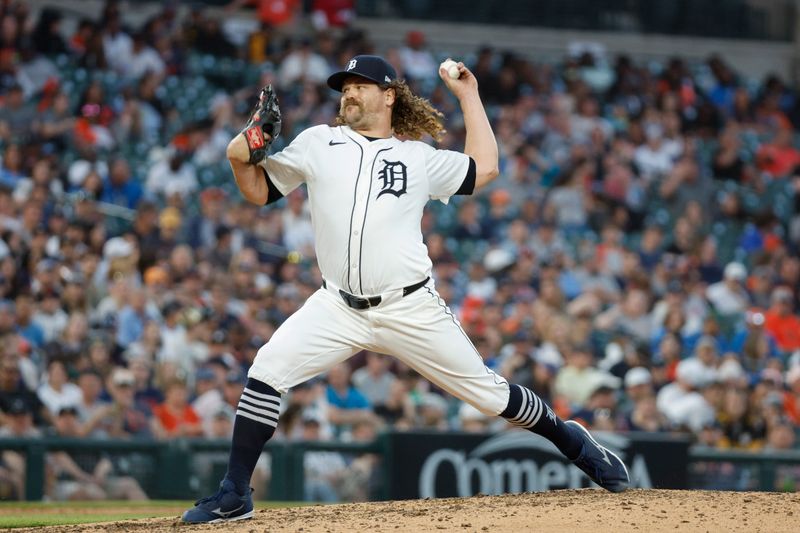 Apr 27, 2024; Detroit, Michigan, USA; Detroit Tigers pitcher Andrew Chafin (17) pitches during the eighth inning against the Kansas City Royals at Comerica Park. Mandatory Credit: Brian Bradshaw Sevald-USA TODAY Sports