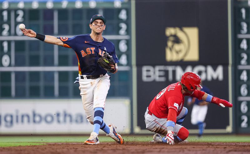 Jun 18, 2023; Houston, Texas, USA; Cincinnati Reds center fielder TJ Friedl (29) is out at second base as Houston Astros second baseman Mauricio Dubon (14) throws to first base during the third inning at Minute Maid Park. Mandatory Credit: Troy Taormina-USA TODAY Sports