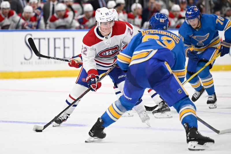 Nov 4, 2023; St. Louis, Missouri, USA; Montreal Canadiens right wing Cole Caufield (22) skates against the St. Louis Blues during the third period at Enterprise Center. Mandatory Credit: Jeff Le-USA TODAY Sports