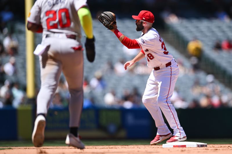 Aug 18, 2024; Anaheim, California, USA; Los Angeles Angels second baseman Michael Stefanic (38) at second base against Atlanta Braves designated hitter Marcell Ozuna (20) during the fifth inning at Angel Stadium. Mandatory Credit: Jonathan Hui-USA TODAY Sports