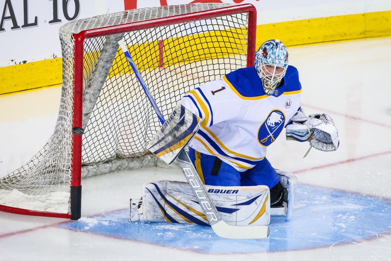 Mar 24, 2024; Calgary, Alberta, CAN; Buffalo Sabres goaltender Ukko-Pekka Luukkonen (1) guards his net during the warmup period against the Calgary Flames at Scotiabank Saddledome. Mandatory Credit: Sergei Belski-USA TODAY Sports