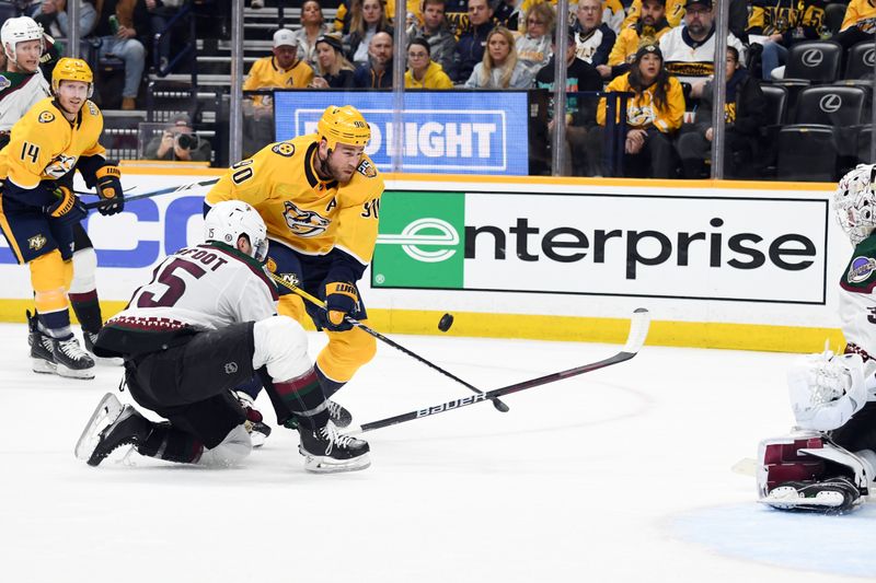 Feb 10, 2024; Nashville, Tennessee, USA; Nashville Predators center Ryan O'Reilly (90) shoots the puck against Arizona Coyotes center Alexander Kerfoot (15) during the first period at Bridgestone Arena. Mandatory Credit: Christopher Hanewinckel-USA TODAY Sports