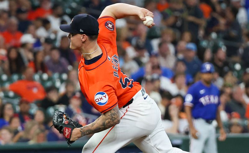 Jul 12, 2024; Houston, Texas, USA; Houston Astros starting pitcher Hunter Brown (58) pitches against the Texas Rangers in the first inning at Minute Maid Park. Mandatory Credit: Thomas Shea-USA TODAY Sports