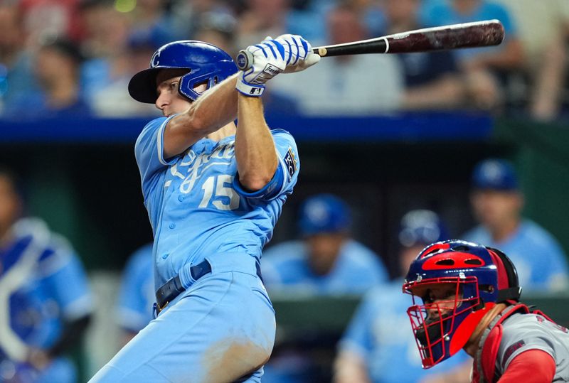 Aug 11, 2023; Kansas City, Missouri, USA; Kansas City Royals third baseman Matt Duffy (15) hits a RBI single against the St. Louis Cardinals at Kauffman Stadium. Mandatory Credit: Jay Biggerstaff-USA TODAY Sports