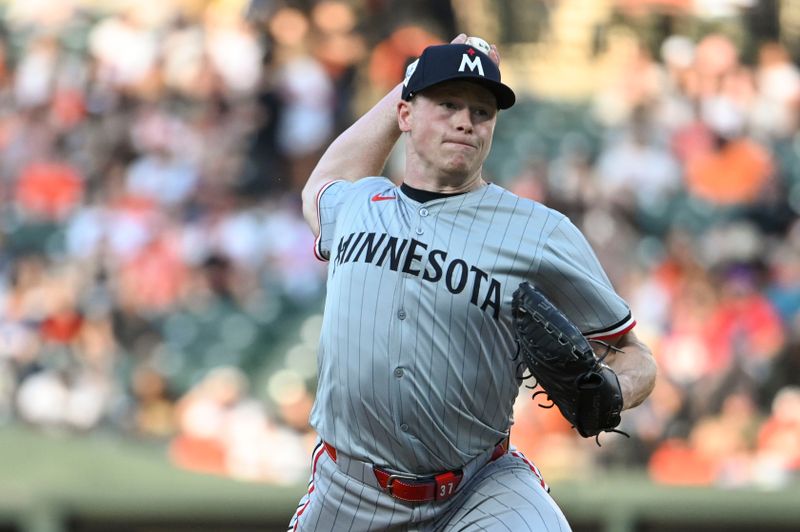 Apr 15, 2024; Baltimore, Maryland, USA;  Minnesota Twins starting pitcher Louie Varland throws a first inning pitch against the Baltimore Orioles at Oriole Park at Camden Yards. Mandatory Credit: Tommy Gilligan-USA TODAY Sports