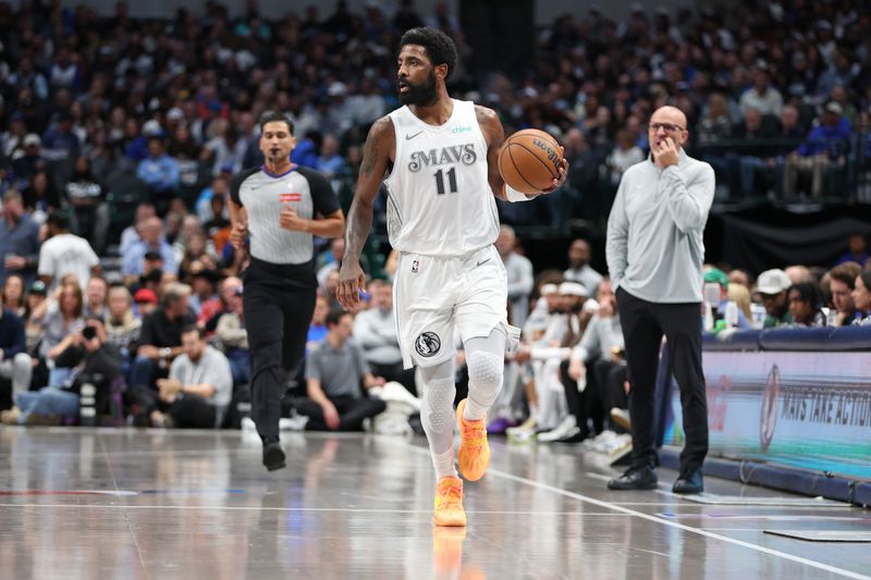 DALLAS, TX - NOVEMBER 16: Kyrie Irving #11 of the Dallas Mavericks dribbles the ball during the game against the San Antonio Spurs on November 16, 2024 at American Airlines Center in Dallas, Texas. NOTE TO USER: User expressly acknowledges and agrees that, by downloading and or using this photograph, User is consenting to the terms and conditions of the Getty Images License Agreement. Mandatory Copyright Notice: Copyright 2024 NBAE (Photo by Tim Heitman/NBAE via Getty Images)